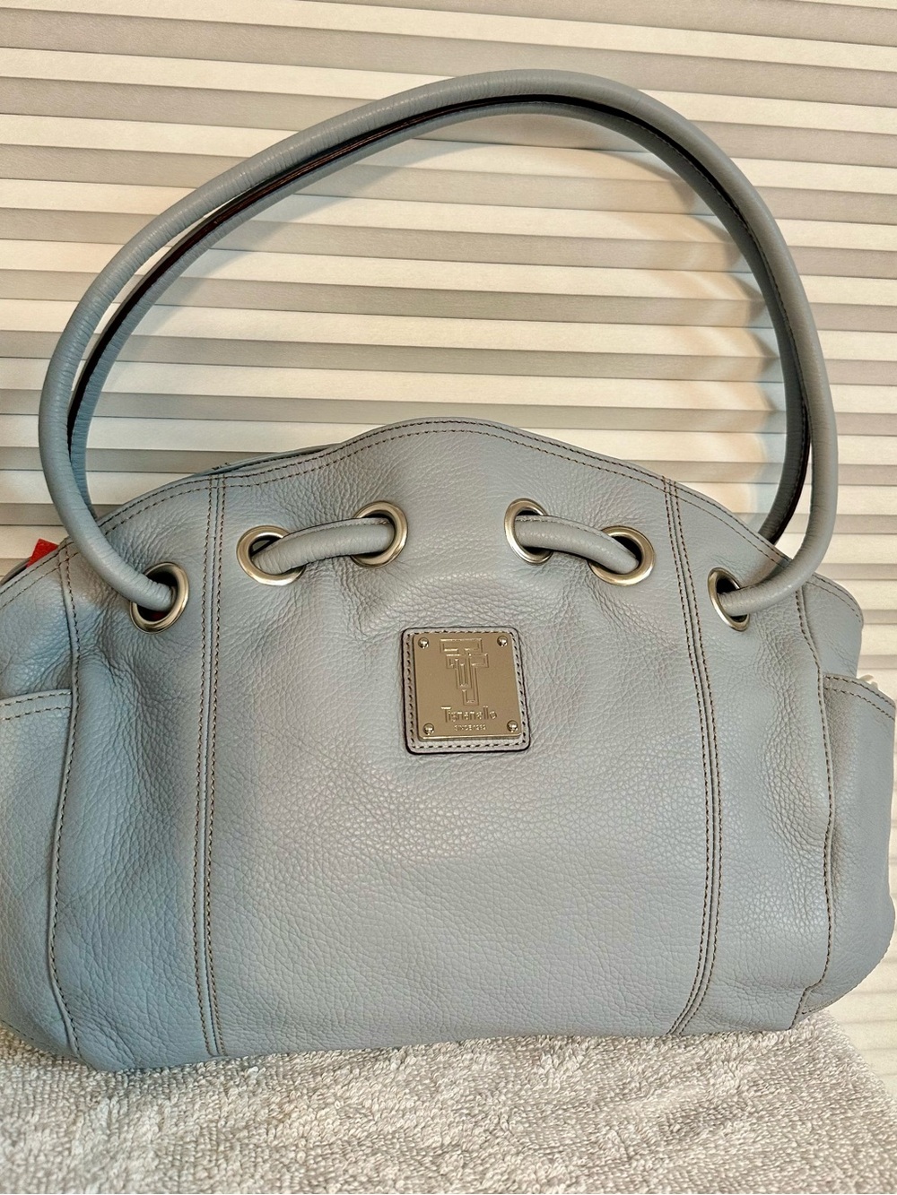 Tignanello Light Blue Pebbled Leather Shoulder Bag with Silver Plaque
